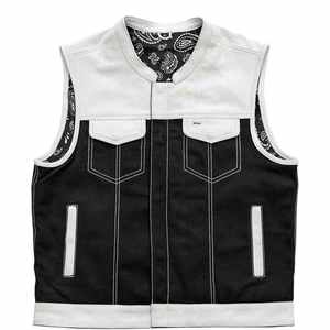 Two Tone Black <b>White</b> Vintage Style Canvas Leather <b>Vest</b> Covered Button Closure <b>Men's</b> Autumn Quick-Dry Anti-Wrinkle Breathable - Product Image 1