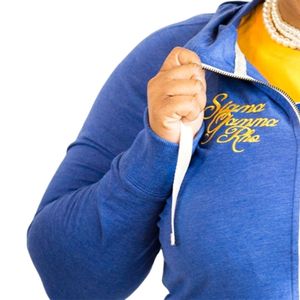 Sweat-shirt à capuche zippé bleu pour femme avec lettres grecques, motif graphique, lettres dorées, manches longues, veste décontractée tendance pour sororité - Product Image 4