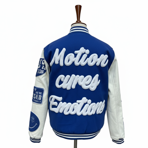 Exclusive Motion Varsity <b>Jacket</b> <b>for</b> <b>Men</b> Blue <b>White</b> Embroidery Letter M 555 Patch Design Preppy Style Autumn Wear - Product Image 2