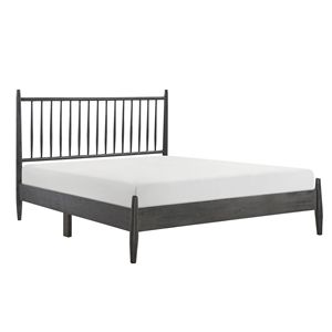 Letto a piattaforma in legno con finitura grigia, design moderno metà secolo, con testiera a doghe verticali, contenitore contenitore, mobili per camera da letto - Product Image 3
