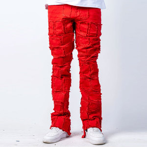 Pantalones de Lona Rojos Desgastados para Hombre, Cintura Elástica, Estilo Urbano, Corte Recto, para Otoño - Product Image 1