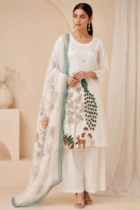 Salwar Kameez Blanco Bordado para Mujer, Corte Holgado, Largo hasta el Tobillo, Algodón, Estilo Tradicional Informal de India y Pakistán, para Todas las Temporadas - Product Image 4