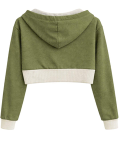 Womens <b>Cropped</b> <b>Zip</b> <b>Up</b> Hoodie Olive Green And Cotton Fleece Color Block Hooded Sweatshirt Casual Streetwear Ladies Jacket - Product Image 2