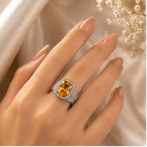 Anillo de Plata de Ley 925 con Topacio Amarillo y Citrino, Corte Cojín, Halo, Banda Ancha, Pavé de Circonita Cúbica, Anillo de Declaración, Joyería, Regalo para Mujer - Product Image 6