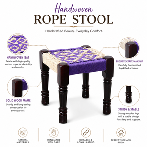 Handwoven Wooden Rope <b>Stool</b> | Modern Handmade Cotton Woven <b>Seat</b> Ottoman | Rustic Kitchen Living Room Dining Home Furniture - Product Image 6