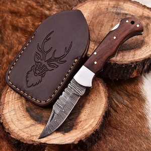 Cuchillo Plegable de Acero de Damasco con Patrón Trenzado, Bloqueo Trasero, Mango de Palisandro, Funda, Cuchillo EDC de Bolsillo para Camping, OEM, Venta Caliente - Product Image 1