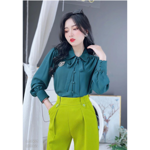 Camisa de manga larga para mujer con manga raglán, lazo y botones forrados en tela, estilo formal, casual de oficina, color liso. - Product Image 4