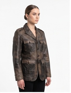 Wholesale Vintage Distressed <b>Leather</b> Safari <b>Jacket</b> Women's Multi-Pocket Cargo Moto Coat Custom Western Outwear Supplier - Product Image 5