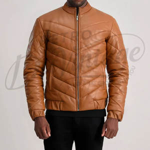 Blouson Homme Marron Tan en Similicuir Matelassé Style Bomber Col Montant Coupe Slim Décontracté Motard - Product Image 3