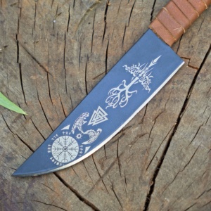 มีดล่าสัตว์สไตล์ไวกิ้ง ใบมีดเหล็กคาร์บอน ด้ามหุ้มหนัง มีดสำหรับกิจกรรมกลางแจ้ง OEM คมกริบ แกะสลักตามสั่ง ใบมีดแบบตายตัว - Product Image 3