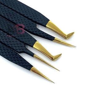 Ensemble de pinces à cils plaquées or, outils de précision pour extensions de cils, pointe lisse, manche noir, outil de beauté - Product Image 5