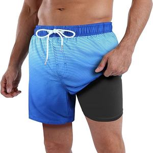 Shorts de baño casuales para hombre, azules a rayas, de secado rápido, con cordón ajustable y bolsillos. - Product Image 1