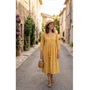 Robe longue en coton pour femme, imprimé floral, coupe évasée, décontractée, style bohème, pour la plage, export en gros Inde - Product Image 1