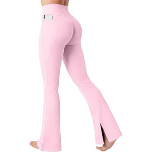 Leggings de yoga évasés taille haute pour femmes avec poches, pantalon rose uni extensible pleine longueur, design sans couture - Product Image 1