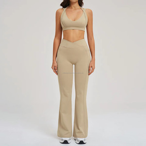 FONILBEST Women's 2 Piece Yoga <b>Set</b> Deep V Neck Racerback High Waist Full Length Solid <b>Colour</b> Activewear - Product Image 4