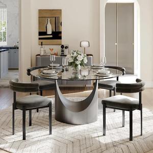 Table à manger 4 places en verre trempé marbré et acier inoxydable miroir, assemblage facile, cadre métallique argenté, style nordique moderne, pour bureau à domicile - Product Image 3