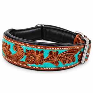 Collar de Perro de Cuero Repujado con Diseño Floral Turquesa, Tallado a Mano, Estilo Western |   Acolchado ajustable ROYAL INTERNATIONAL RI-DC04 All - Product Image 1