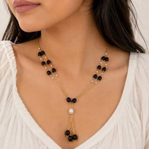 Collar Personalizado Chapado en Rodio con Cuentas Ovaladas de Ónix Negro, Perlas de Semilla y Borlas en Cascada, Cadena de Cable, Joya de Regalo Nupcial para Mujer - Product Image 1