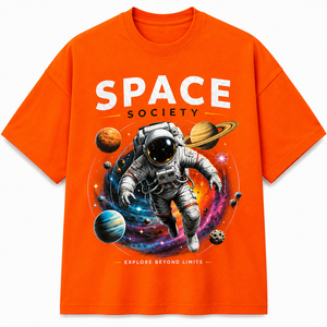 T-shirt noir pour homme à manches longues, col rond, coupe ample, décontracté, 100% coton tricoté 180g, respirant, imprimé astronaute Space Society - Product Image 1