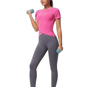 Camiseta Deportiva Asimétrica de Manga Corta con Cuello Redondo Rosa para Mujer, Color Sólido, Tejido de Punto, Secado Rápido, Corte Ajustado, Top de Primavera/Verano - Product Image 4