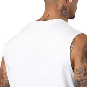 Mens White Sleeveless Jersey Gym Tank Top O-Neck Cotton Printed Logo Athletic Workout Shirt Fitness Training Sportswear Apparel - Product Image 4
