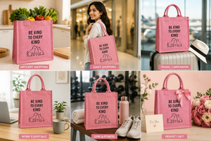 กระเป๋าช้อปปิ้งผ้าปอกระเจาสีชมพูพิมพ์ลาย Be Kind To Every Kind ขนาด 33x30x15 ซม. กระเป๋าซิปด้านในสำหรับใส่ของชำ - Product Image 4