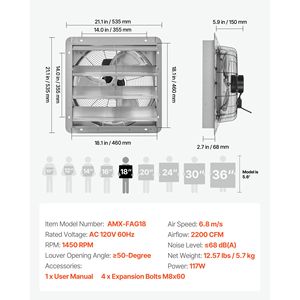 Ventilatore di scarico da 18 pollici con serranda, 2200 CFM di flusso d'aria, motore AC, struttura in acciaio resistente, montaggio a parete, sfiato per soffitta, per hotel, USB, bassa rumorosità - Product Image 4