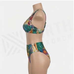 <b>Blue</b> Butterfly Print 2 Piece Yoga <b>Set</b> With Gold Trim Deep V Neck Halter Bodysuit And Knee Length Wrap Skirt - Product Image 3