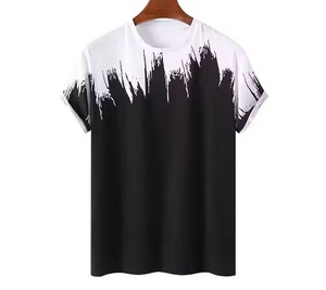 Camiseta Casual de Manga Corta con Cuello Redondo y Estampado Abstracto en Blanco y Negro para Hombre, Corte Regular, Tejido de Punto, Poliéster Transpirable - Product Image 1