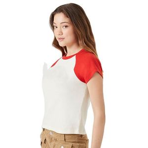 Camiseta de Mujer a la Moda con Manga Corta, Cuello Redondo, Bloques de Color, Estilo Casual, Tejido de Punto Jersey, 100% Algodón, Primavera Verano - Product Image 3