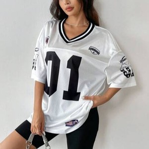 OEM High Quality Streetwear Oversized Boxy Women <b>Drop</b> Shoulder American Football Jersey Breathable 100% Polyester V Neck Top - Product Image 4