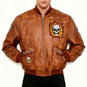 Blouson aviateur en cuir véritable marron pour homme avec broderie de crâne enflammé, style motard, fermeture éclair sur le devant - Product Image 1