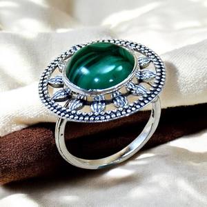 Anillo de Plata de Ley 925 con Malaquita, Diseño Redondo, Gema Semipreciosa Natural, Estilo Casual, para Aniversario o Boda - Product Image 1