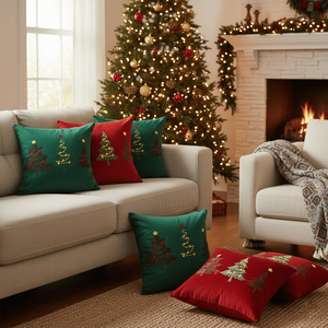 Juego de 6 Fundas de Almohada con Diseño de Árbol de Navidad, Rojo y Verde, 45 cm, Fundas de Cojín Festivas para Decoración Navideña - Product Image 1