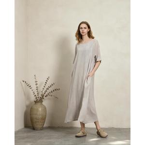 Elegant Khaki Plain Cotton Linen Maxi <b>Dress</b> With O-Neck <b>Loose</b> Fit Short Sleeve Summer Casual Midi <b>Dress</b> For Women - Product Image 4
