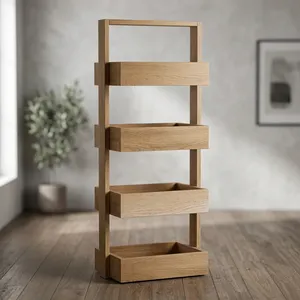 Étagère de rangement 4 niveaux en bois de manguier massif, support autoportant minimaliste, organisateur gain de place pour salle de bain, porte-serviettes en bois - Product Image 1