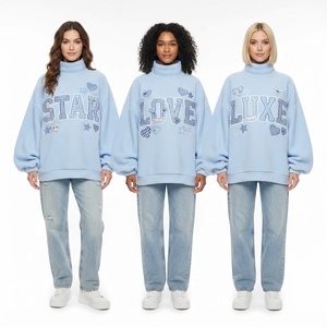 Sudadera Oversize para Mujer, Azul Claro, con Diseño de Letras Bordadas, Hombros Caídos, Cuello Alto, para la Temporada de Invierno - Product Image 1