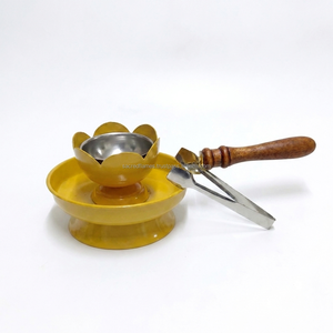 Quemador de incienso de metal Lotus al por mayor con mango de madera, quemador de Bakhoor amarillo, soporte para carbón y resina, juego de pinzas, a granel - Product Image 4