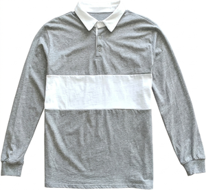 Polo homme gris personnalisé à blocs de couleur blancs, manches longues, en coton tricoté, style rugby, respirant, vêtement de mode, vente en gros - Product Image 1