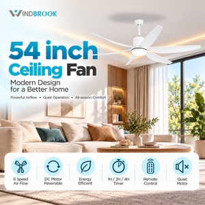 Ventilador de Techo Blanco WINDBROOK de 54 Pulgadas con Luz, Motor DC, Control Remoto, 6 Velocidades, Reversible, Silencioso para Dormitorio - Product Image 1