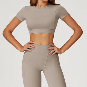 Women Solid Color Fitness <b>Short</b> Sleeve Top Workout <b>Compression</b> Leggings Gym Sports Clothing for Women Tracksuit Yoga Sets - Product Image 5