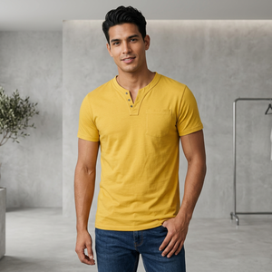 Men's Yellow V-Neck Fit Short Sleeve <b>T</b>-<b>Shirt</b> Solid Color Casual Knitted <b>with</b> <b>Pocket</b> - Product Image 6