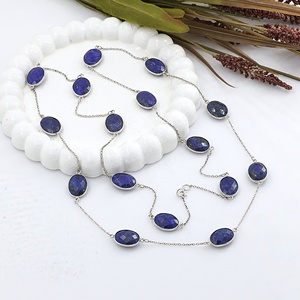 Natural Lapis Lazuli Station <b>Necklace</b> 925 Sterling Silver Bezel Set <b>Long</b> Gemstone Chain <b>Necklace</b> for Women - Product Image 5