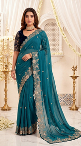 Sari en soie turquoise avec broderie dorée et chemisier noir, tenue de mariage traditionnelle indienne et pakistanaise pour femme, longueur au sol, protection solaire intégrale - Product Image 6