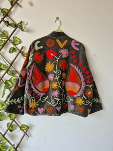 Ethnic Dark Gray <b>Velvet</b> Suzani Embroidered <b>Jacket</b> with Floral Pattern Full Sleeve Stand Collar <b>Women's</b> Soft Autumn Coat - Product Image 2