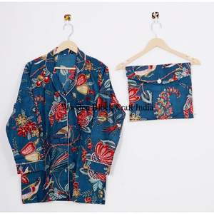 Ensemble de pyjama en coton indien imprimé à la main, vêtements de nuit élégants et tendance pour femmes et hommes, respirant, 100% coton pour l'été - Product Image 3