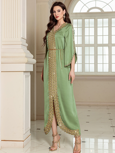 Abaya de luxe AN10950 Dubaï pour femme, Kaftan perlé, Robe musulmane en mousseline ceinturée, Robe de soirée pour l'Aïd et mariage, Vente en gros - Product Image 5
