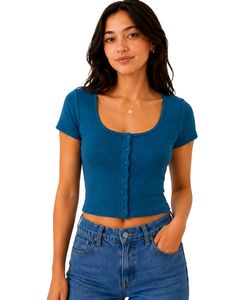Top Corto de Punto Acanalado Azul Verde Azulado Personalizado para Mujer, Manga Corta, Cierre de Botones Delanteros, Corte Ajustado, Cuello Cuadrado, Blusa Informal de Verano de Algodón - Product Image 1