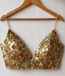 <b>Women's</b> COUTURE Gold <b>Sequined</b> Beaded Bohemian Floral Print Polyester Short Cami <b>Top</b> Front Logo Sexy Sparkly Bralette Clubwear - Product Image 1