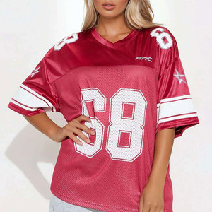 Women's <b>Maroon</b> Mesh Football Jersey V-Neck Short Sleeve Loose Fit Team Number 68 Print Sport <b>Top</b> - Product Image 1